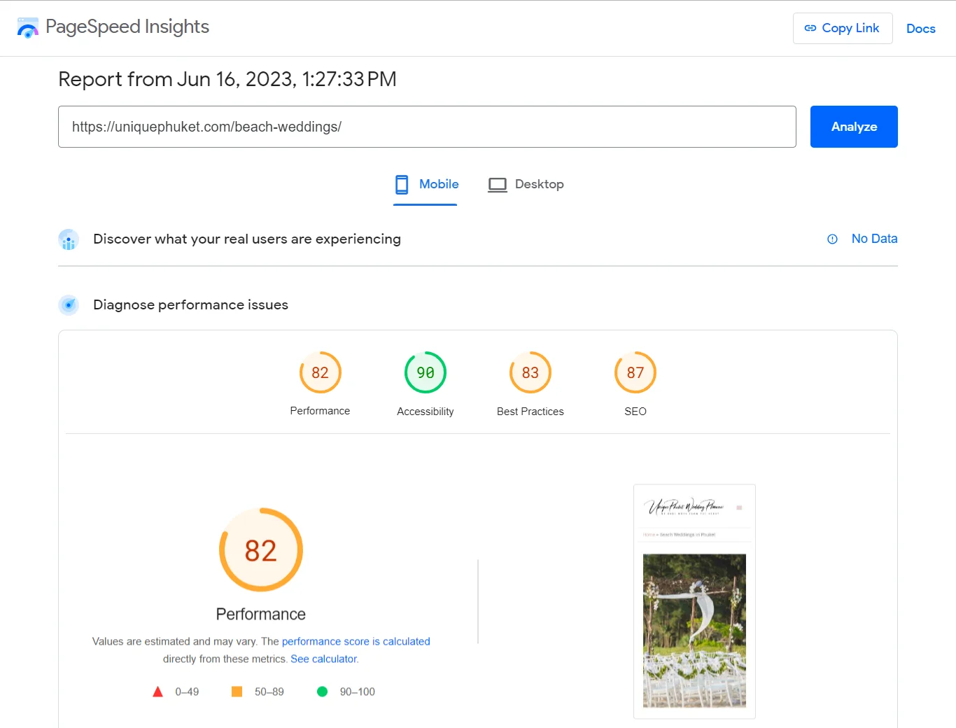 PageSpeed Insights Mobile report showing a performance score of 82.